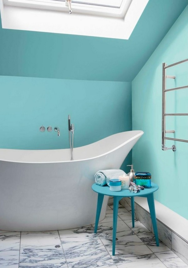 modern colors turquoise blue white freestanding tub skylight
