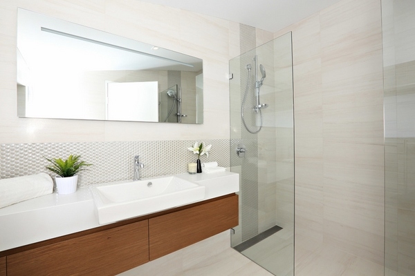 modern bathroom glass partition wall floating vanity