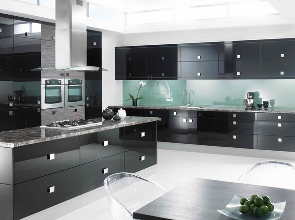 modern black kitchen cabinets gloss finish white flooring 