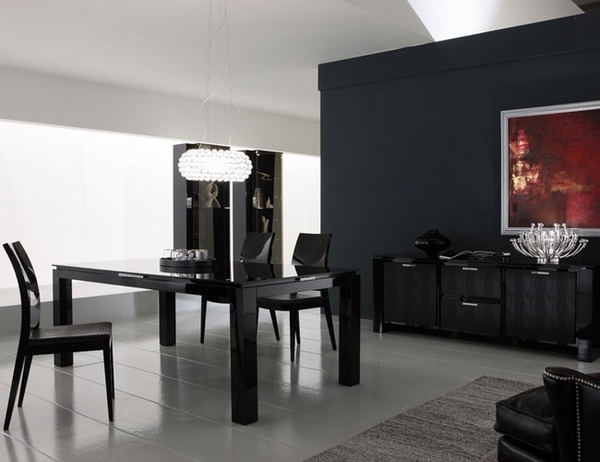 modern dining room decor ideas black accent wall black furniture 