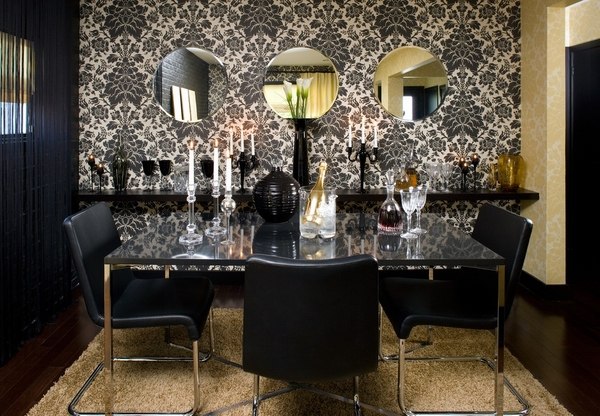 modern-decor-ideas-black-color-ideas-wallpaper-accent-wall-glass-table