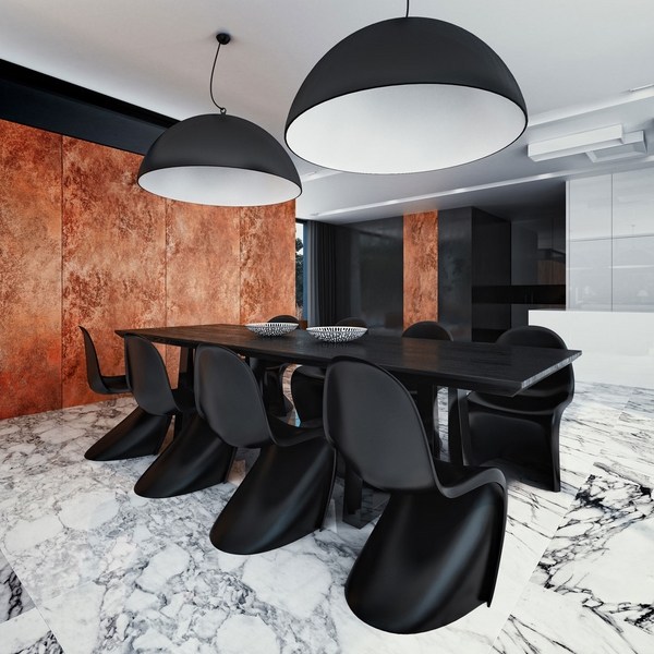 modern dining room design white marble floor tiles black wooden table black large pendant lamps