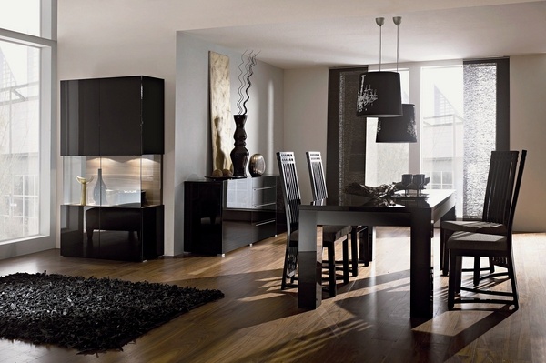modern interior black chairs black dining furniture and pendant lamps