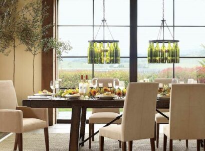 modern-dining-room-solid-wood-table-upholstered-chairs-wine-bottle-chandelier-ideas