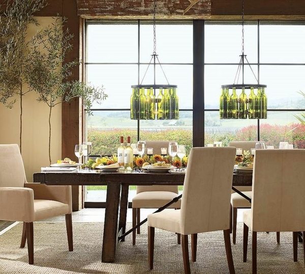 modern dining room solid wood table upholstered chairs wine bottle chandelier ideas