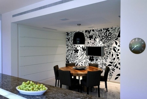 modern black white wallpaper floral pattern black dining chairs