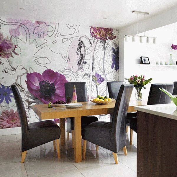 modern wallpaper large floral pattern black dining chairs wooden table