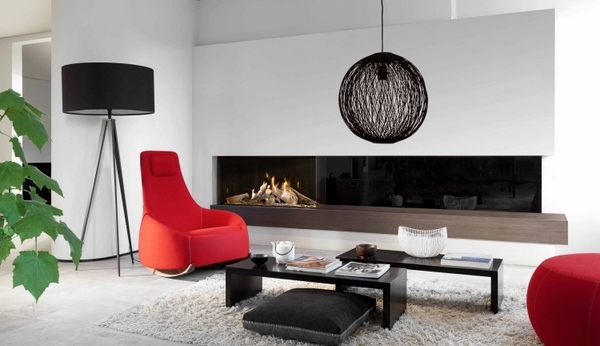 modern fireplace design ideas white wall minimalist living room black red accents