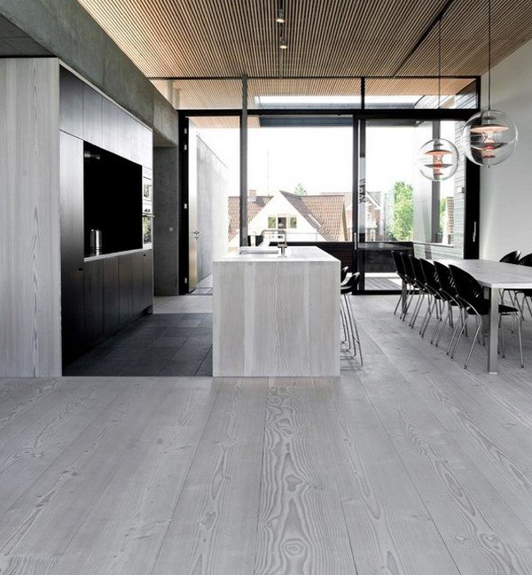 grey-hardwood-flooring-open-plan kitchen dining room minimalist interior