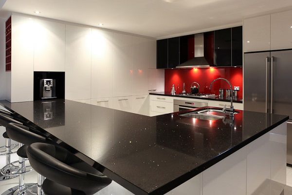 red and black and white small kitchen