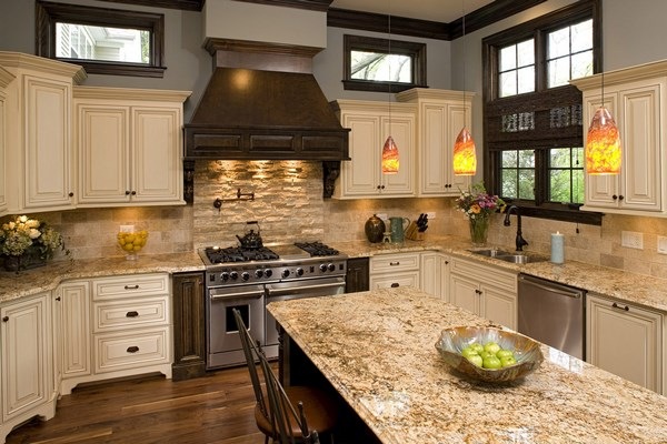 modern kitchen granite countertops travertine tile backsplash white cabinets