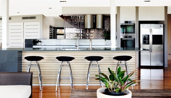 modern kitchen ideas seating granite countertop wood flooring