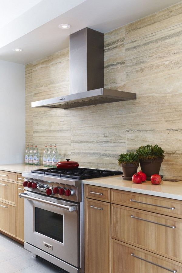 modern kitchen travertine tile backsplash white countertop