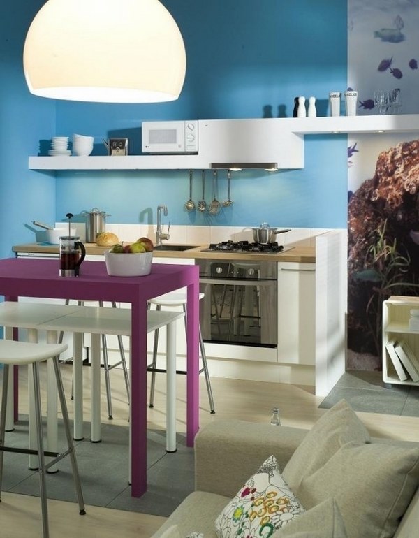modern kitchen wall color ideas blue walls white cabinets purple table