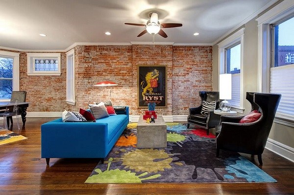 modern-living-room-brick-wall-wood-flooring contemporary furniture