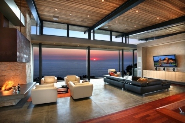 modern living room design ideas black leather sofa modern fireplace
