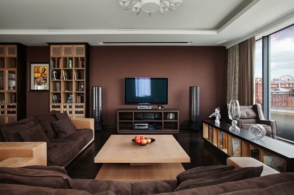 modern accent wall ideas brown sofa set beige coffee table