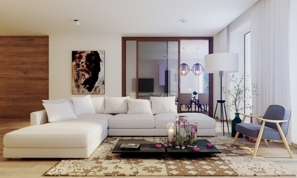 modern living room design white corner sofa low coffee table carpet