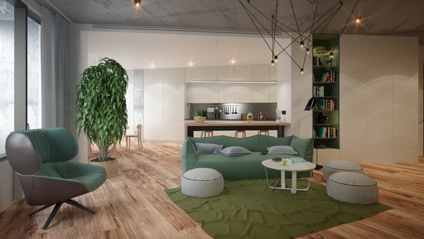 modern living room green carpet sofa leather armchair built in shelves 