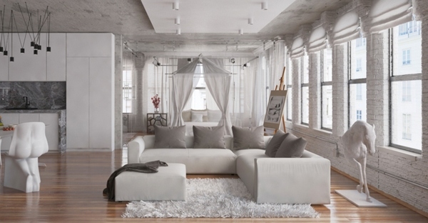 modern-living-room-open-plan-wood-flooring-white-canopy-gray-sofa