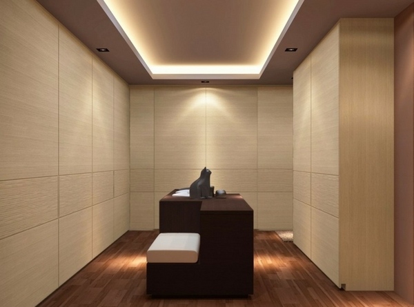 modern-minimalist-walk-in-closet-design-ideas-wooden-cabinets-dark-wood-bench LED ceiling lights