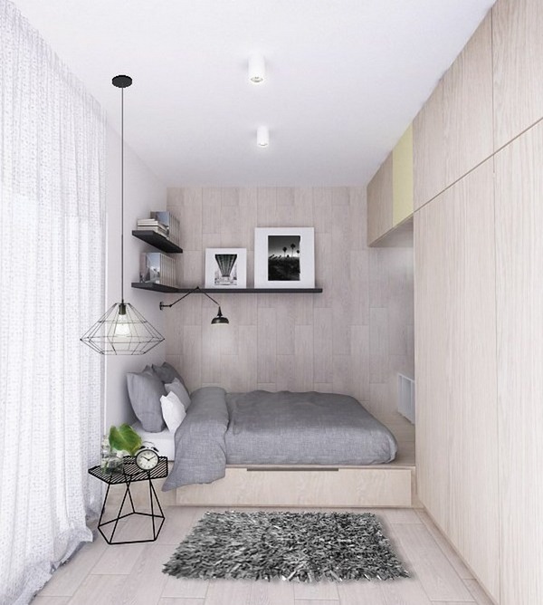 modern small podium bed wardrobe neutral color