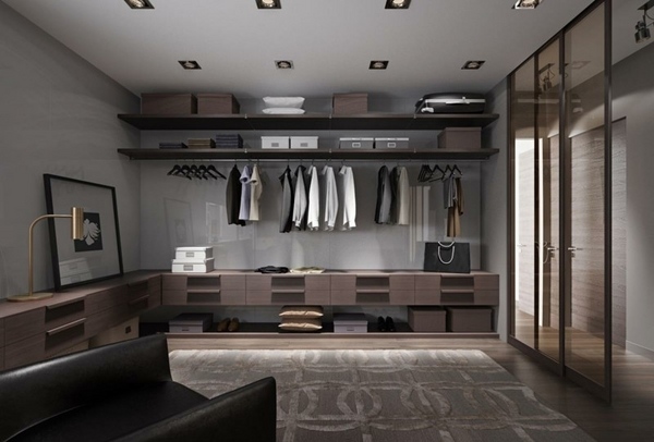 modern-walk-in-closet-design-ideas-glass doors storage shelves 