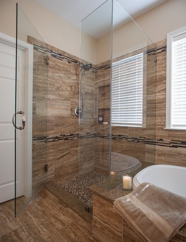 modern walk in shower ideas brown marble wall frameless glass door shower head