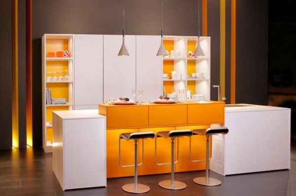 modern white orange cabinets breakfast 