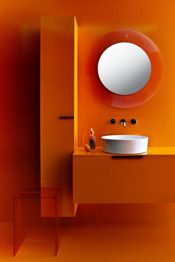 orange color modern design white vessel sink