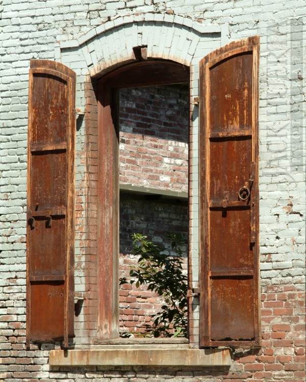 arched window brick wall decorative shutters
