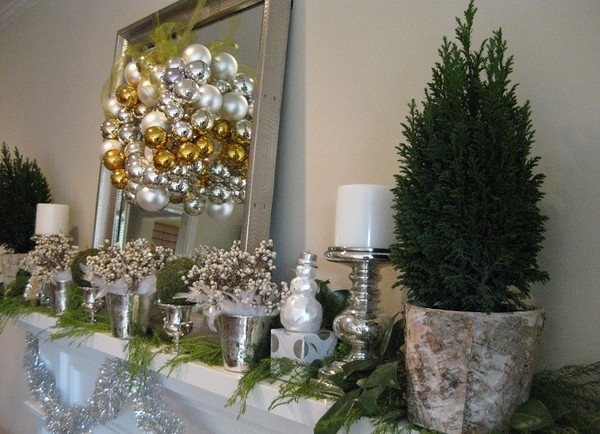silver-Christmas-mantel-decor-ideas-fir-branches-tabletop-tree