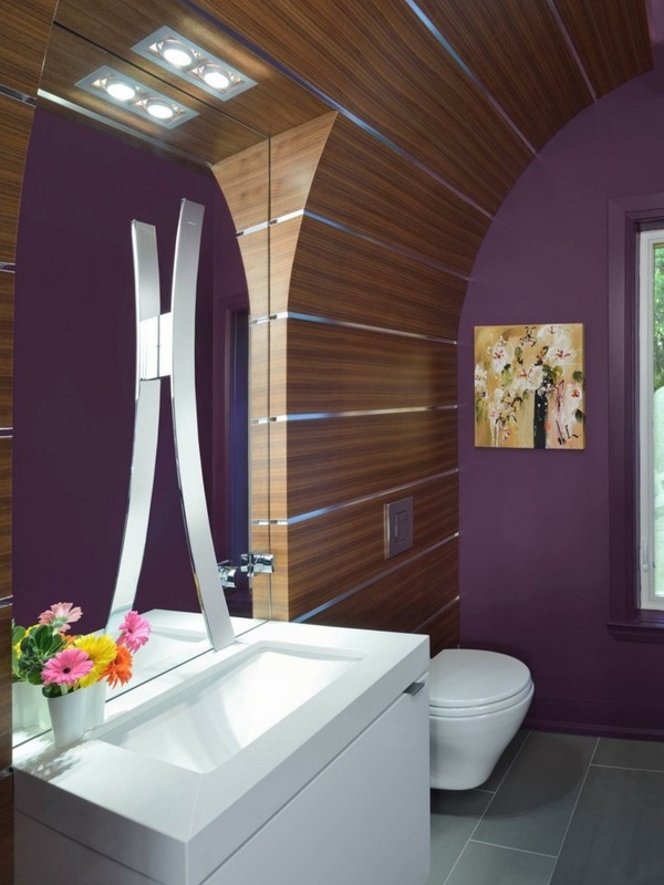 small bathroom design ideas small bathroom colors purple accent wall white vanity cabinet 