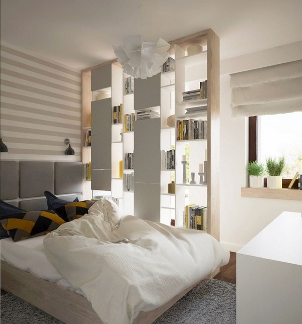 small decor ideas horizontal wall stripes gray headboars original shelves