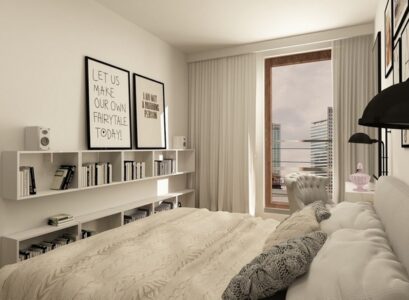 small-bedroom-ideas-white-furniture-wall-shelves-decorative-pillows