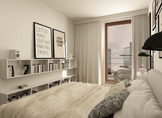 small-bedroom-ideas-white-furniture-wall-shelves-decorative-pillows