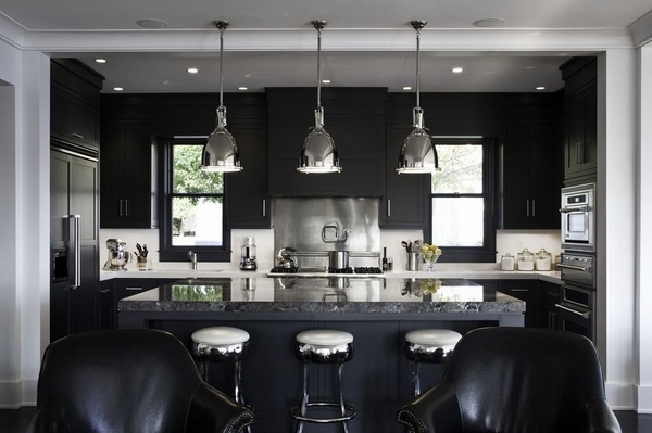 spectacular black kitchen design white backsplash pendant lights over kitchen island