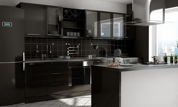 spectacular black kitchen designs glass fronts white accents tile flooring