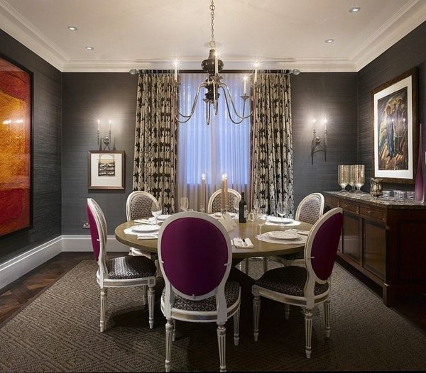 stylish dark gray wallpaper purple and white chairs round table