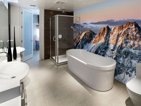 super cool wallpaper in bathroom mountains view bathroom ideas