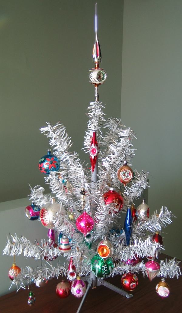tabletop aluminum tree vintage ornaments