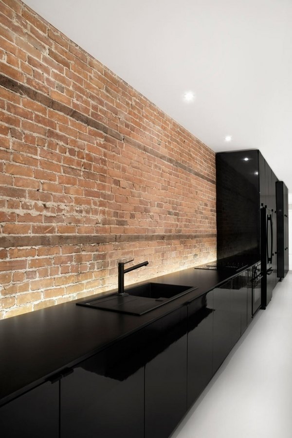 ultra modern design ideas minimalist kitchen brick wall LED lighting