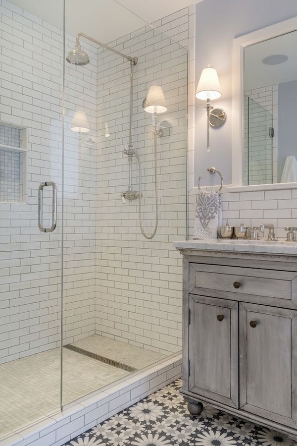 vintage bathroom design walk in shower subway tiles linear drain