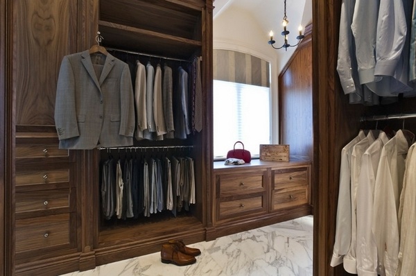 walk-in-closet-design-ideas-for men wallnut cabinets drawers