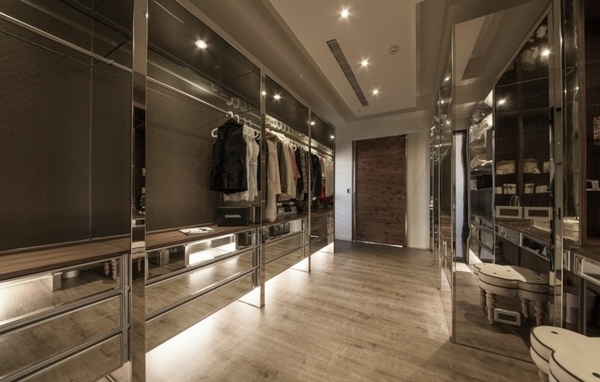 walk-in-closet-design-ideas-metal cabinets storage wall mirror doors drawers