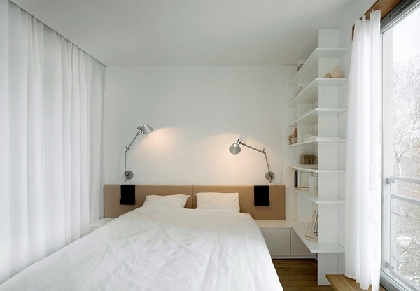white bedroom white wall shelf system curtain