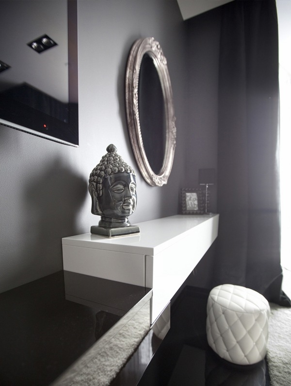 white dressing table elegant bedroom interior buddha head sculpture