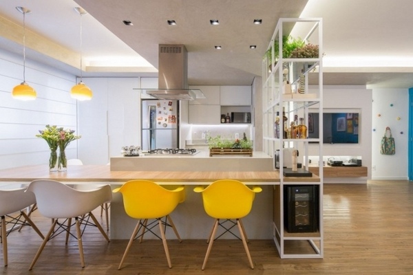 white kitchen yellow accents modern chairs ceiling lighting open wall shelves