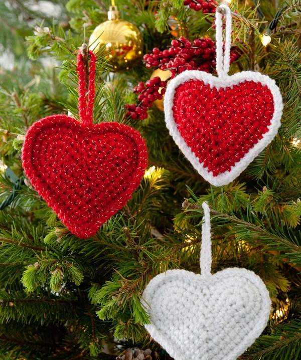 Christmas crochet tree ornaments red white hearts