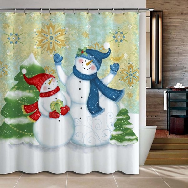 Happy Snowman Christmas Theme Shower Curtain Blue Red White Snow Bathroom Home Office Holiday Wall Decoration as Tapestry and Photo Booth Backdrop